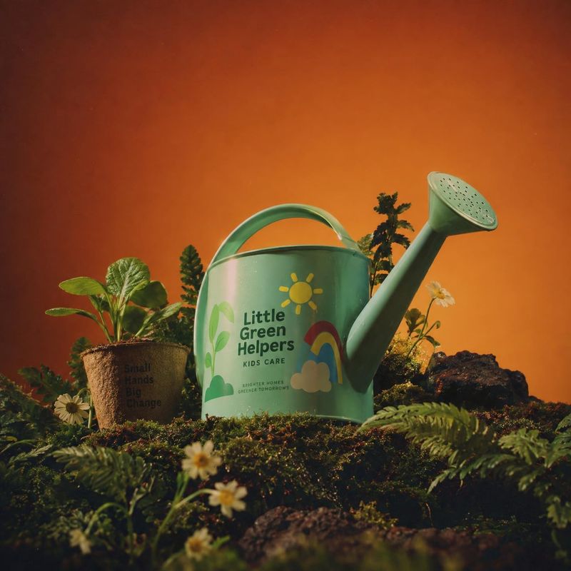 watering can lifestyle scene product photo: A green watering can with a child-friendly garden graphic sits among seedlings, flowers and dark soil against a war…
