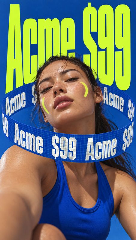 beauty close-up product photo: A close-up portrait of a woman in a vivid blue top against a saturated blue backdrop, framed by oversized neon lettering and a b…