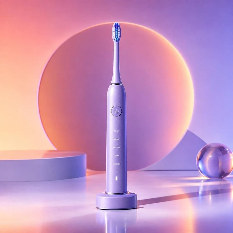 electric toothbrush personal care product photo: A lavender electric toothbrush stands upright on its charging base amid glossy geometric props, illuminated by…