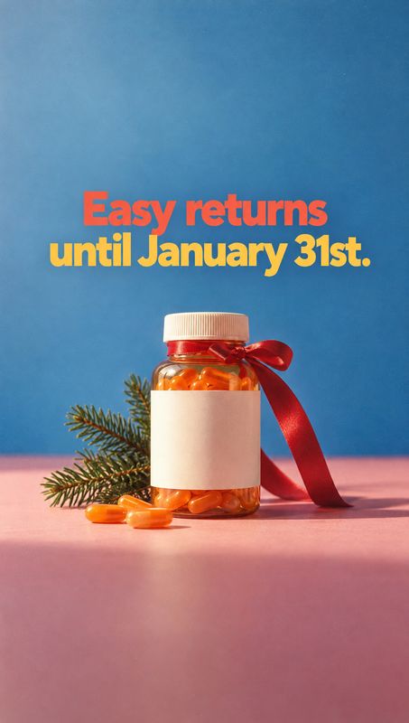 supplement bottle still life product photo: A clear bottle of orange capsules sits on a pink surface with evergreen sprigs and a red ribbon against a blue back…