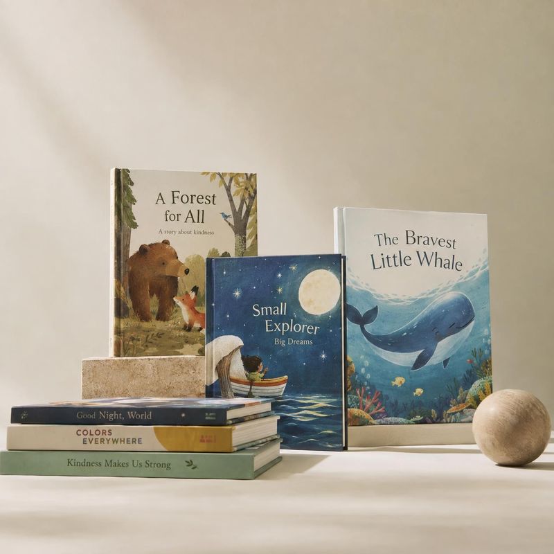 children's picture books book product photo: A softly lit studio arrangement of illustrated children's books, with several covers displayed upright and a small…