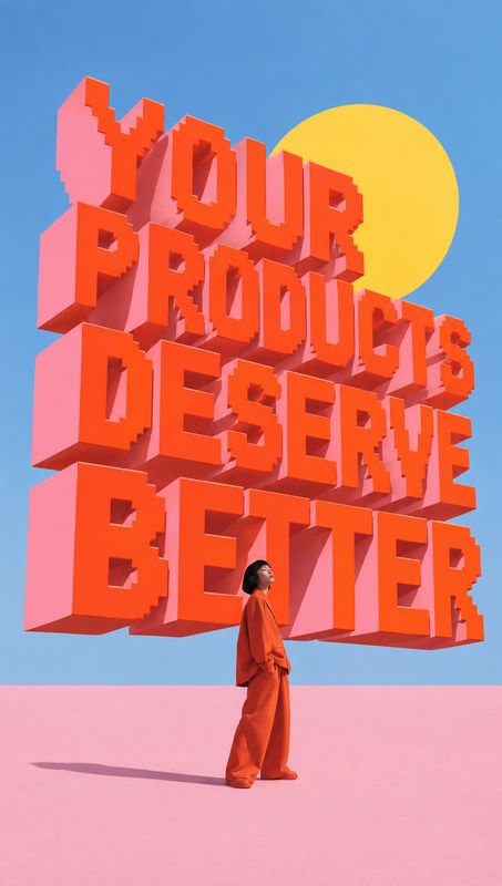 posters product photo: A woman in a vivid orange outfit stands beneath oversized red-orange 3D lettering against a bright blue sky and pink ground, creating a…