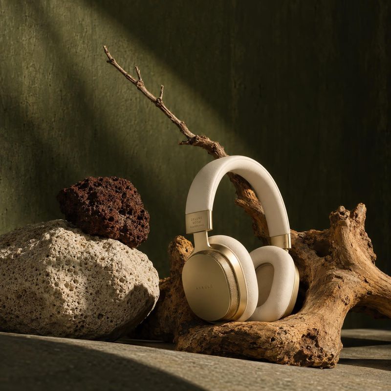 over-ear headphones electronics product photo: Cream-and-gold over-ear headphones rest among rugged stones and driftwood against a dark moss-green backdrop, li…