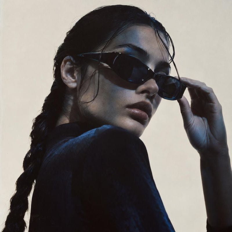 sunglasses model try-on product photo: A woman in dark sunglasses turns toward the camera against a pale studio backdrop, with moody directional light and a sl…