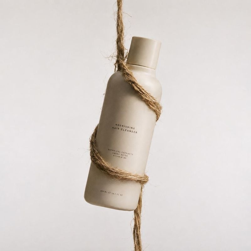 hair cleanser floating product product photo: A minimalist beige hair cleanser bottle hangs from coarse twine against a softly lit pale backdrop, with ample ne…