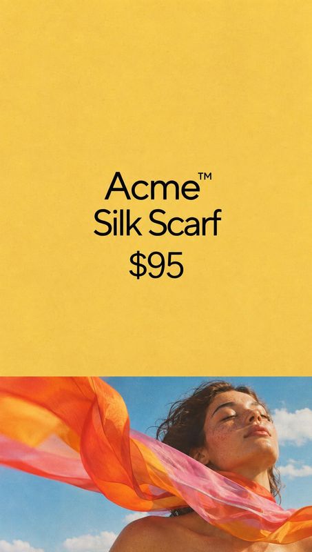 silk scarf action & motion product photo: A model wears a flowing orange-pink silk scarf against a blue sky, paired with centered black product and price text…