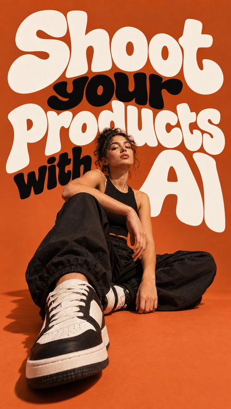 sneakers black friday product photo: A seated model in black streetwear and chunky black-and-white sneakers poses against an orange studio backdrop, framed by…
