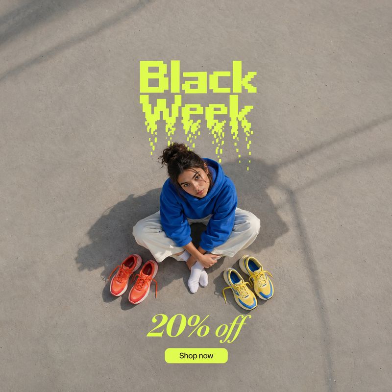 sneakers posters product photo: A woman in a bright blue hoodie sits on sunlit concrete between two pairs of colorful sneakers, framed by neon yellow-green Bla…