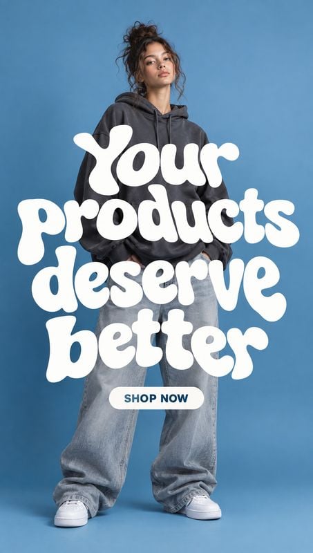 casual clothing outfit black friday product photo: A model in an oversized dark hoodie, loose light-wash jeans and white sneakers poses against a blue studio b…
