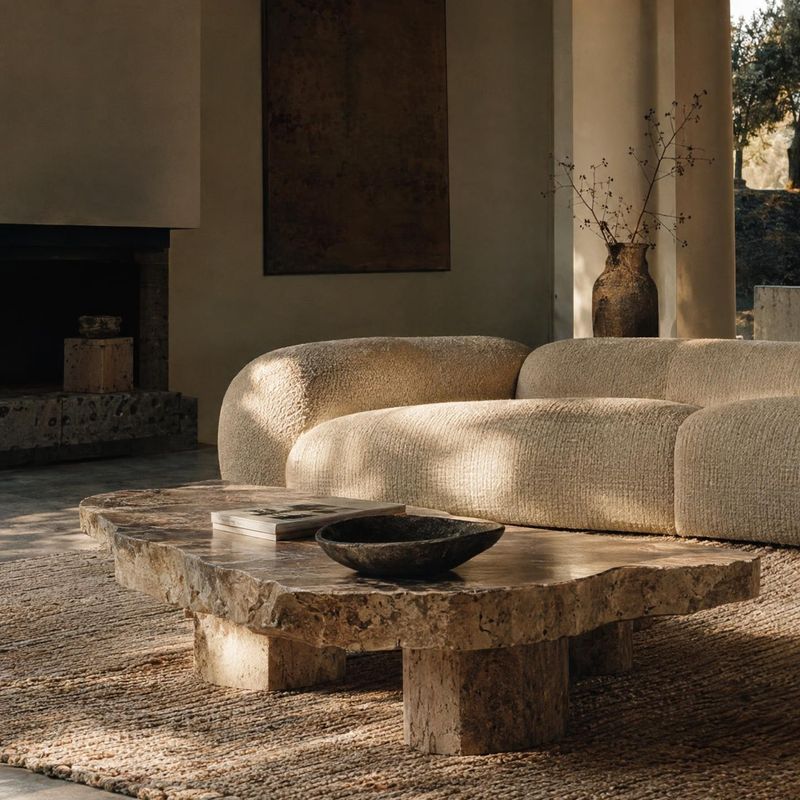 sofa and coffee table room set product photo: A softly textured neutral sofa and sculptural stone coffee table sit in a warm, sunlit interior with natural mate…