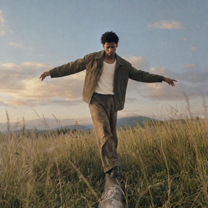jacket and trousers action & motion product photo: A male model in a muted jacket, knit top and relaxed trousers balances along a fallen log in a grassy field…
