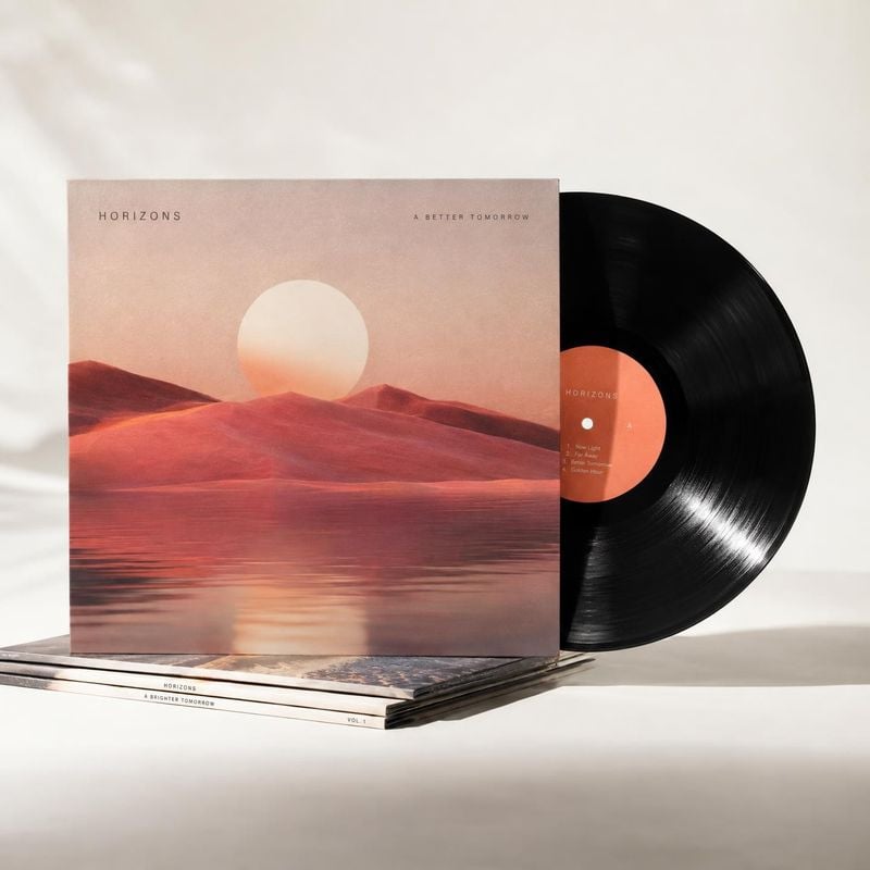 vinyl record and album sleeve book product photo: A black vinyl record sits partly behind a pastel sunset-themed album sleeve, arranged on stacked records agai…