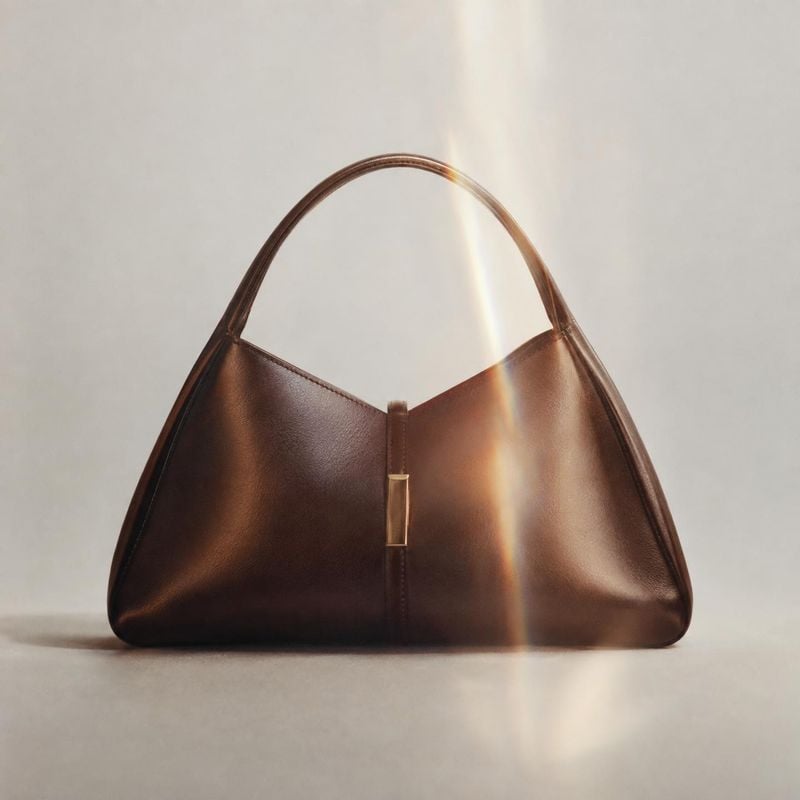 brown leather handbag jewelry product photo: A sculptural dark brown leather handbag stands alone against a softly lit neutral studio backdrop, with a warm sha…