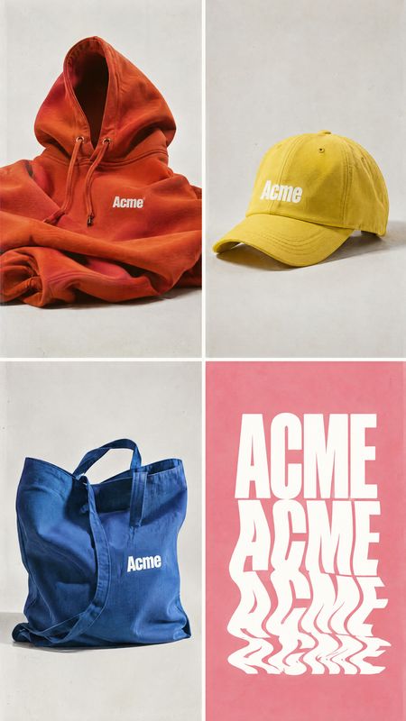 hoodie, cap and tote bag group lineup product photo: A red hoodie, yellow cap and blue tote are arranged in separate studio panels beside a pink panel with lar…