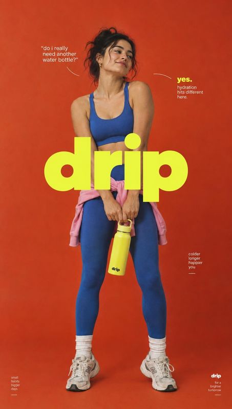 reusable water bottle sports product photo: An athletic woman in a blue workout outfit holds a bright yellow water bottle against a vivid red studio backdrop,…