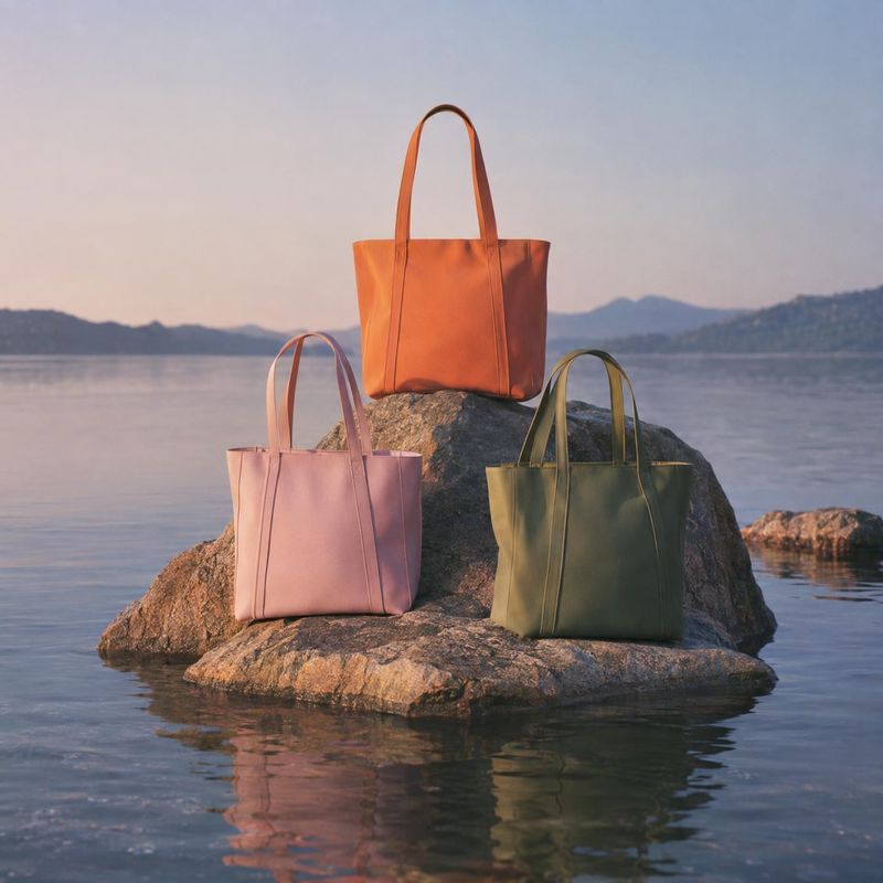 tote bags group lineup product photo: Three structured tote bags in warm orange, soft pink and olive sit on a waterside rock, framed by calm water and distant…