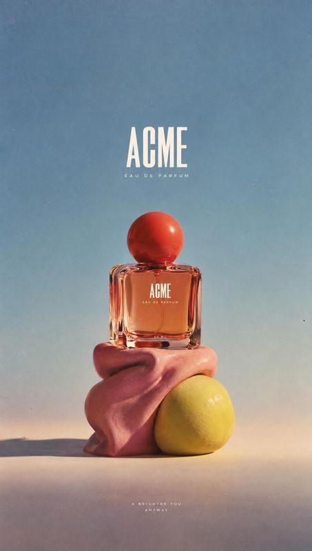 perfume still life product photo: A glass perfume bottle with a glossy red spherical cap sits atop sculptural pink and yellow forms against a hazy blue sky bac…
