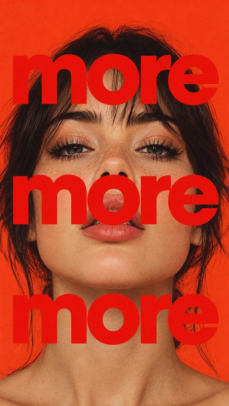 beauty close-up product photo: A tightly framed portrait of a woman against a vivid orange-red studio backdrop, overlaid with oversized repeated red “more” typ…