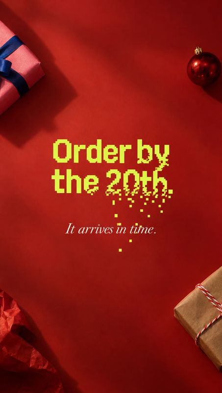 christmas product photo: A red holiday tabletop scene with wrapped gifts and a bauble frames bold yellow-green delivery-deadline lettering, creating a festive…