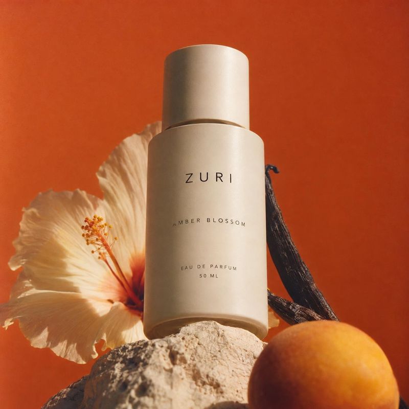 perfume bottle ingredients product photo: A cream-colored perfume bottle stands among a hibiscus flower, vanilla pod, stone and orange against a warm terracott…