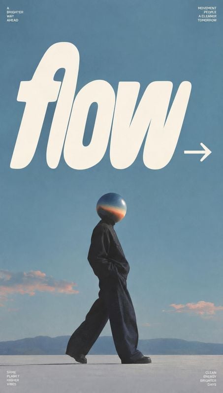 posters product photo: A black-clad figure with a reflective spherical head strides across a pale platform beneath an expansive blue sky, while oversized cream…