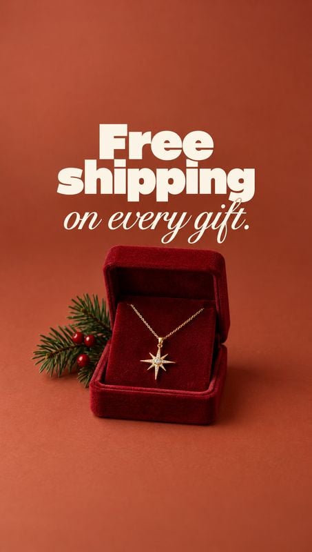 star pendant necklace christmas product photo: A gold star pendant necklace sits in an open burgundy velvet box beside evergreen sprigs and red berries on a wa…