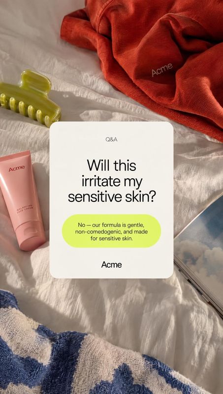 skincare cream tube flat lay product photo: A skincare tube, hair clip and folded textiles surround a centered Q&A card on rumpled white bedding, photographed…