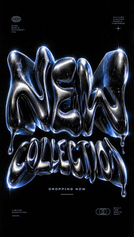 posters product photo: A high-contrast black fashion launch graphic features oversized liquid-chrome “NEW COLLECTION” lettering, small campaign copy, and crisp…