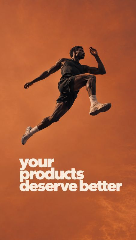 action & motion product photo: An athletic man leaps dynamically against a warm orange background, with bold white slogan typography below him creating an ener…