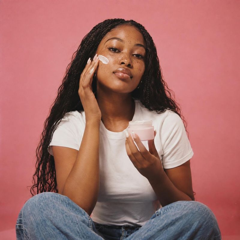 face cream model try-on product photo: A woman in a white T-shirt applies face cream while holding an open jar against a pink studio backdrop, creating a warm,…