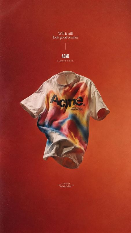 graphic T-shirt floating product product photo: A colorful tie-dye T-shirt floats against a saturated red-orange backdrop, framed by small white display text f…