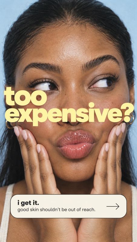 beauty close-up product photo: A close-up portrait of a woman touching her cheeks against a pale blue studio backdrop, overlaid with bold cream-colored afforda…