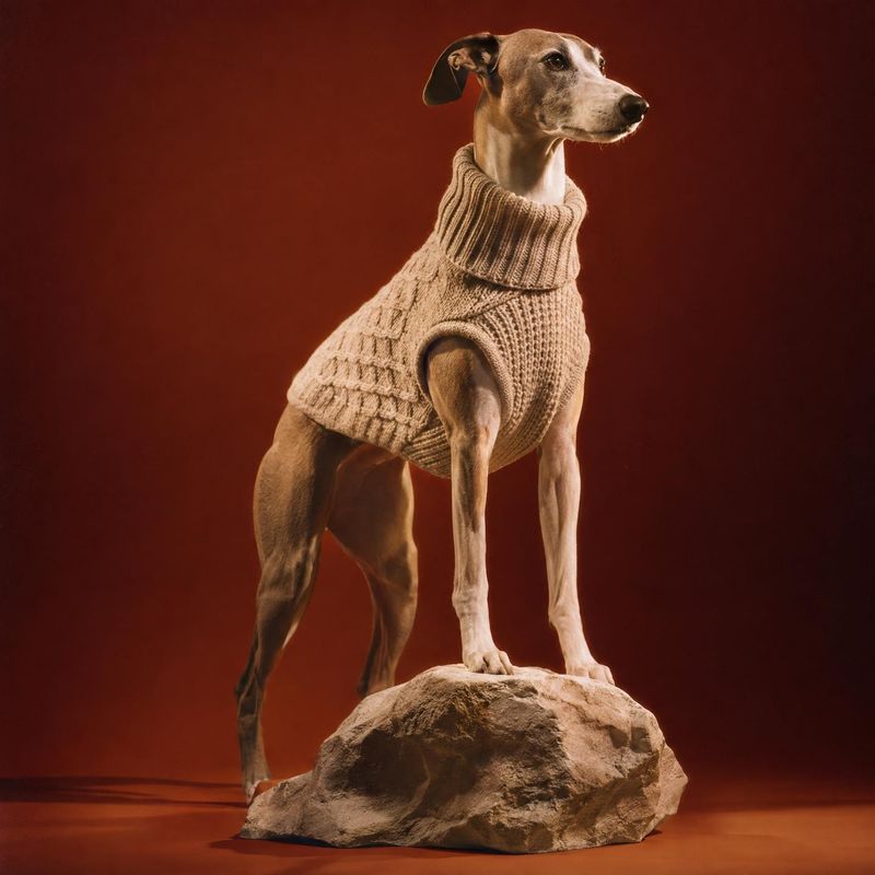 knit dog sweater pet product photo: A slender dog poses on a rock wearing a textured beige knit sweater against a deep red studio backdrop, with warm direction…