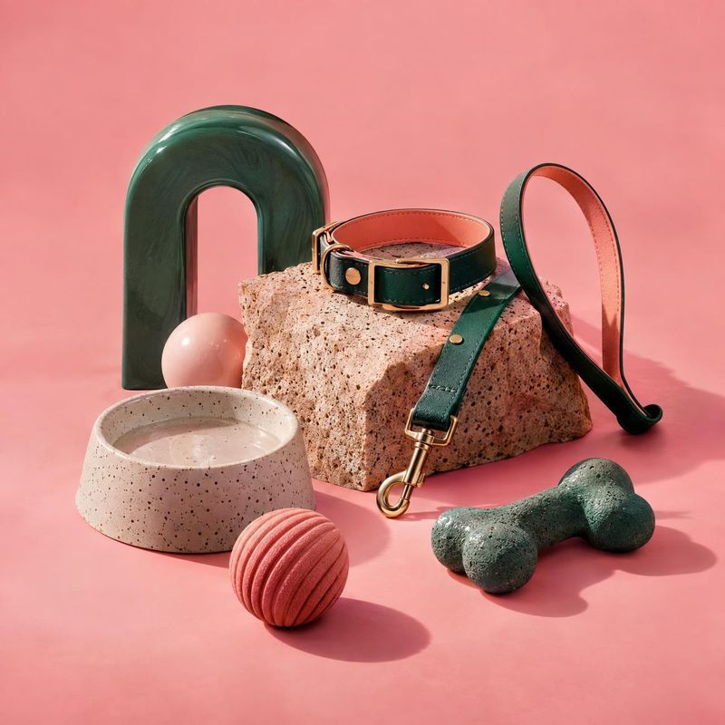 dog collar and leash set pet product photo: A dark green dog collar and leash are artfully arranged with a matching bowl and toys on sculptural stone props aga…