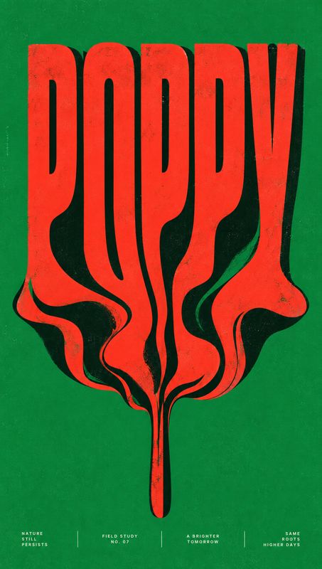 still life product photo: A bold red poppy-shaped typographic design fills a textured green field, with small white supporting phrases along the bottom for a v…