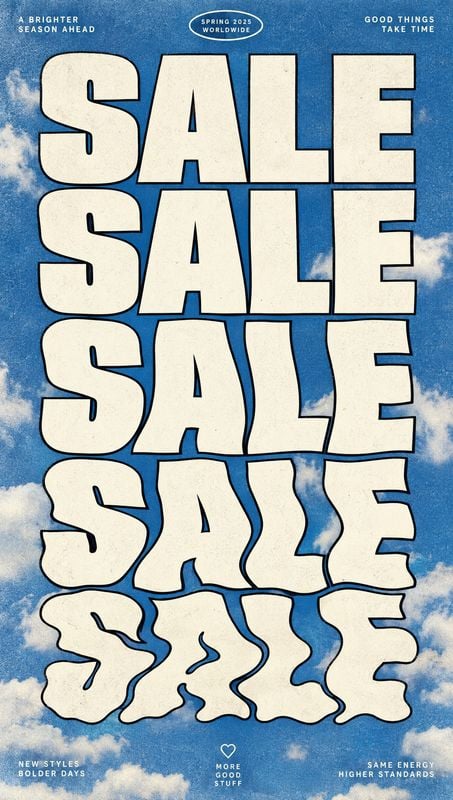 posters product photo: A bold cream-colored “SALE” headline repeats down a blue, cloud-filled sky, with small seasonal phrases framing the graphic in a bright,…