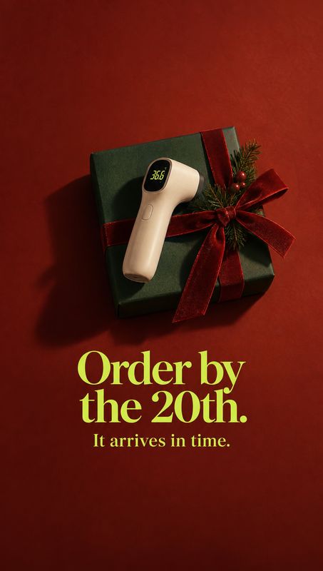 infrared thermometer christmas product photo: A handheld infrared thermometer rests on a dark green gift box tied with a red velvet ribbon and festive greenery…