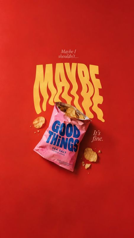 sea salt potato chips flat lay product photo: A pink bag of sea salt potato chips and scattered crisps sits against a vivid red background, framed by oversized…