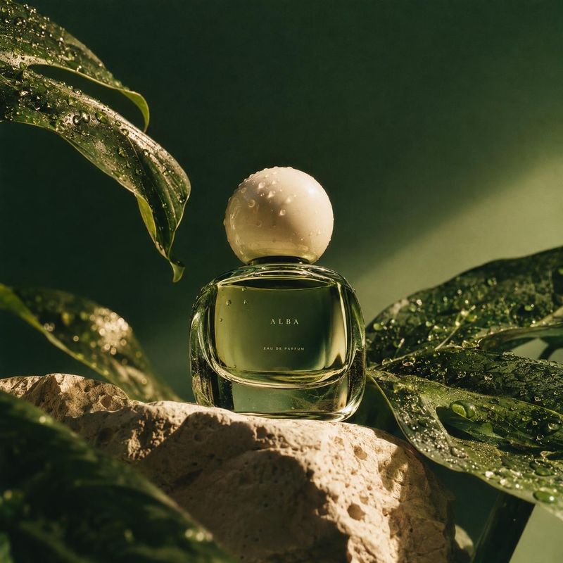 perfume ingredients product photo: A sculptural perfume bottle sits among dew-covered leaves and rough stone, lit by warm directional light against a deep gree…