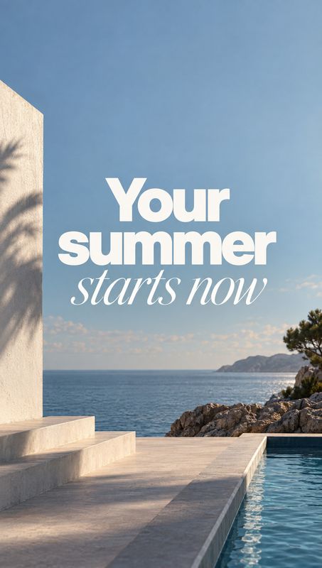 lifestyle scene product photo: A sunlit seaside terrace and pool frame bold white summer lettering against a clear blue sky, creating a bright, relaxed holiday…