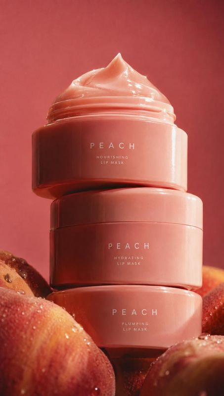 lip masks ingredients product photo: Three peach-toned lip mask jars are stacked among dewy peaches against a warm coral studio backdrop, creating a glossy, fr…