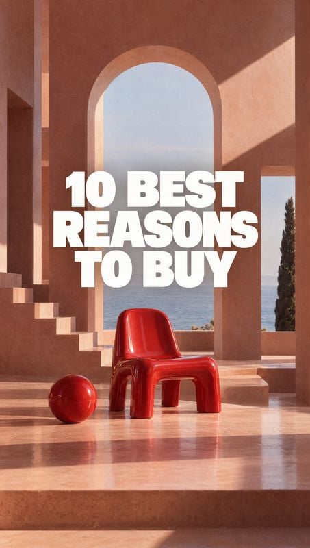red chair lifestyle scene product photo: A glossy red chair and matching ball sit in a sculptural terracotta interior overlooking the sea, with bold white head…