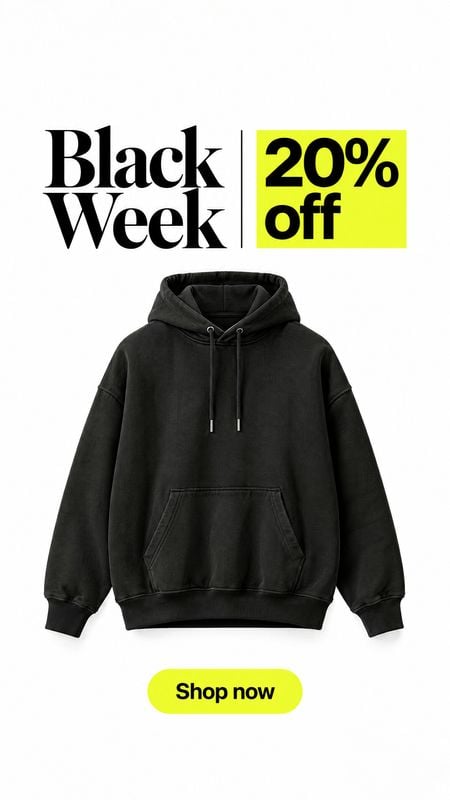 black hoodie ghost mannequin product photo: A black pullover hoodie is centered on a white background beneath bold “Black Week” and “20% off” typography, with…