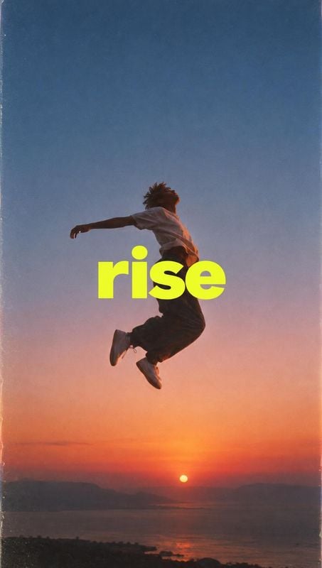 action & motion product photo: A person leaps against a blue-to-orange sunset over the water, with bold neon-yellow “rise” typography across the figure creatin…