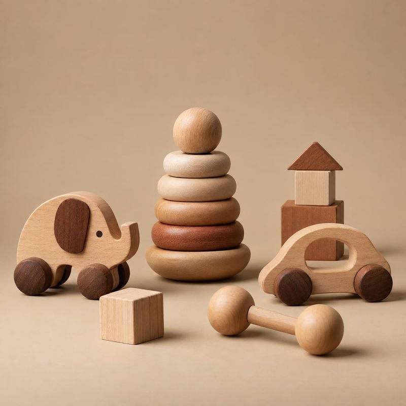 wooden toy set group lineup product photo: A coordinated collection of natural wood toys, including a stacking ring tower, toy vehicles, blocks and a dumbbell-…