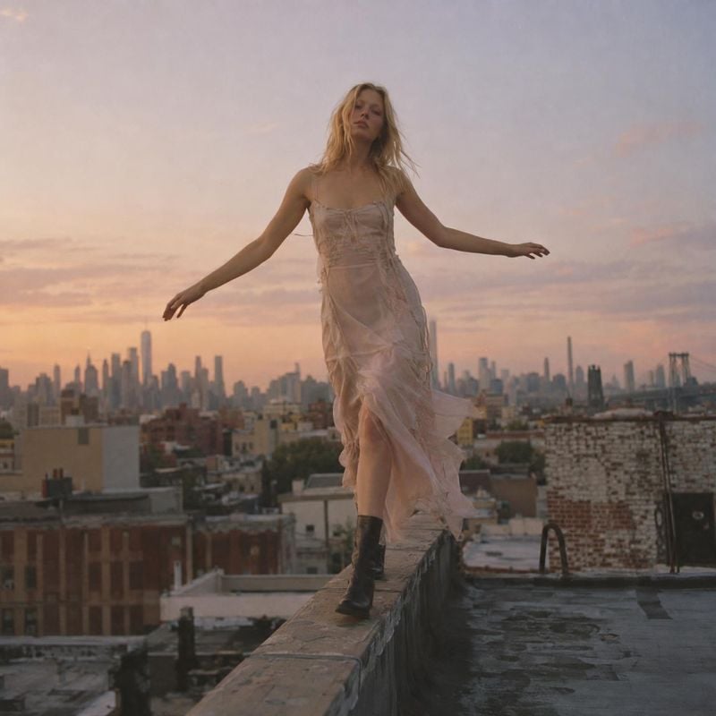 sheer dress action & motion product photo: A model in a flowing sheer dress balances on a rooftop ledge against a distant city skyline, with soft sunset light…