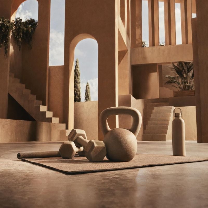 fitness equipment set lifestyle scene product photo: A coordinated set of textured fitness weights, a mat and a bottle sits in a sunlit architectural courtyard…