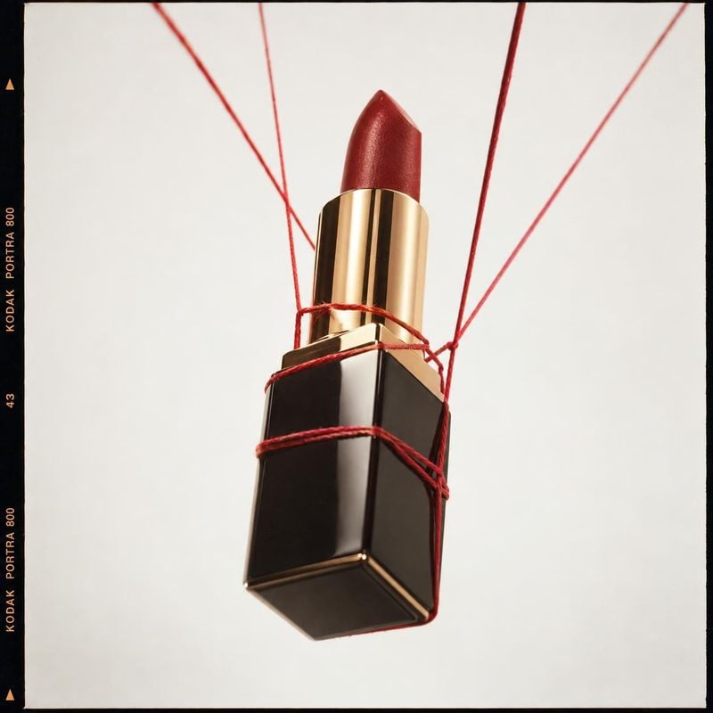 lipstick floating product product photo: A deep red lipstick in a glossy black-and-gold case hangs against a bright studio backdrop, bound by taut red threads…