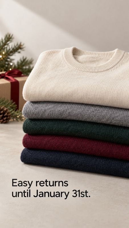 folded sweaters group lineup product photo: A neatly stacked set of cream, gray, green, burgundy and navy sweaters sits on a stone surface beside a small Chris…