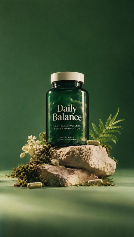 dietary supplement bottle personal care product photo: A dark green bottle labeled “Daily Balance” sits on layered rocks among moss, small flowers, and scatter…